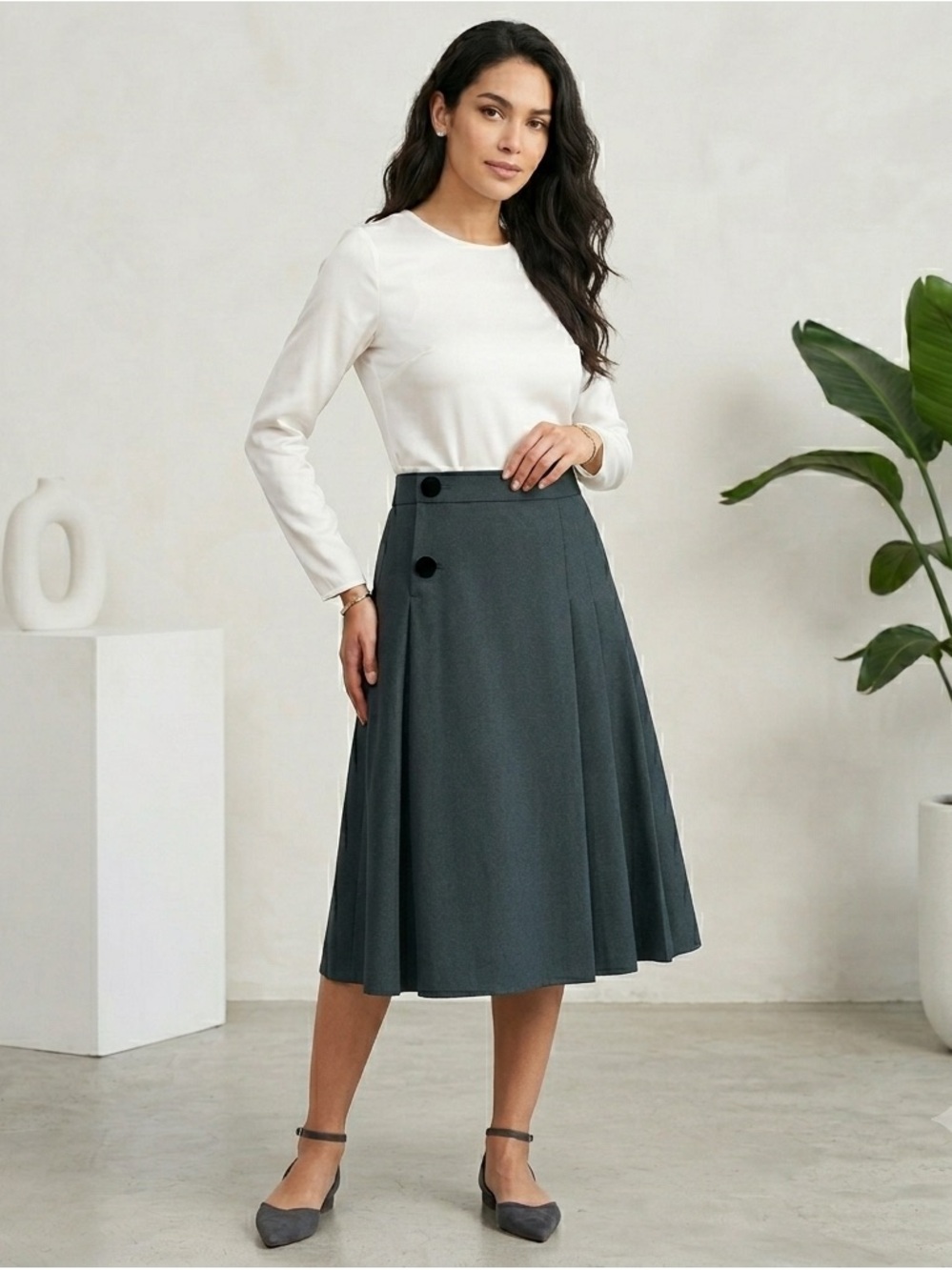 PARNI Women’s 100% Wool Pleated Back Wrap Style Front Midi Gray Skirt Size Large